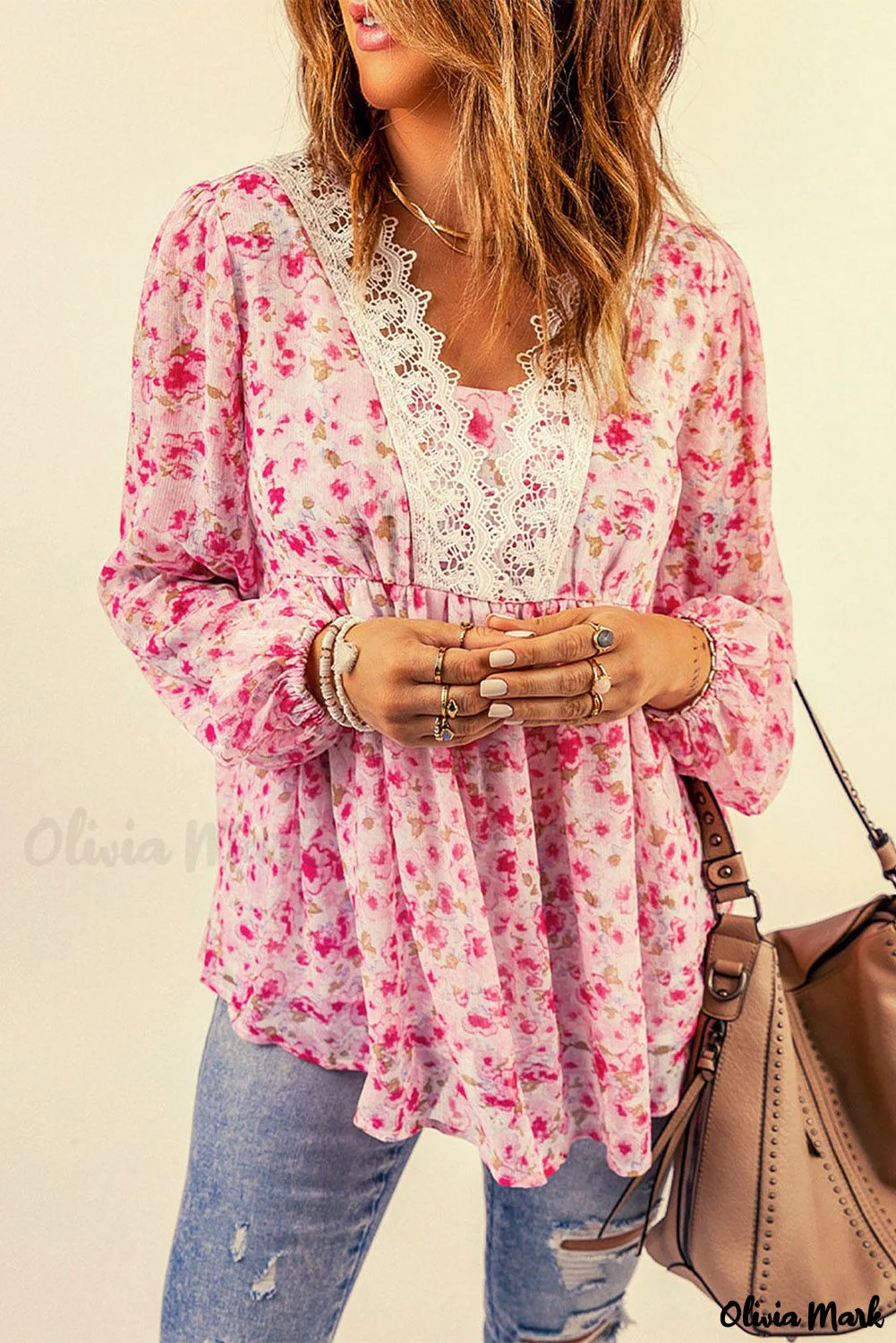 Deanwangkt - Pink Floral Print Lace Patchwork V-Neck Blouse - Deanwangkt