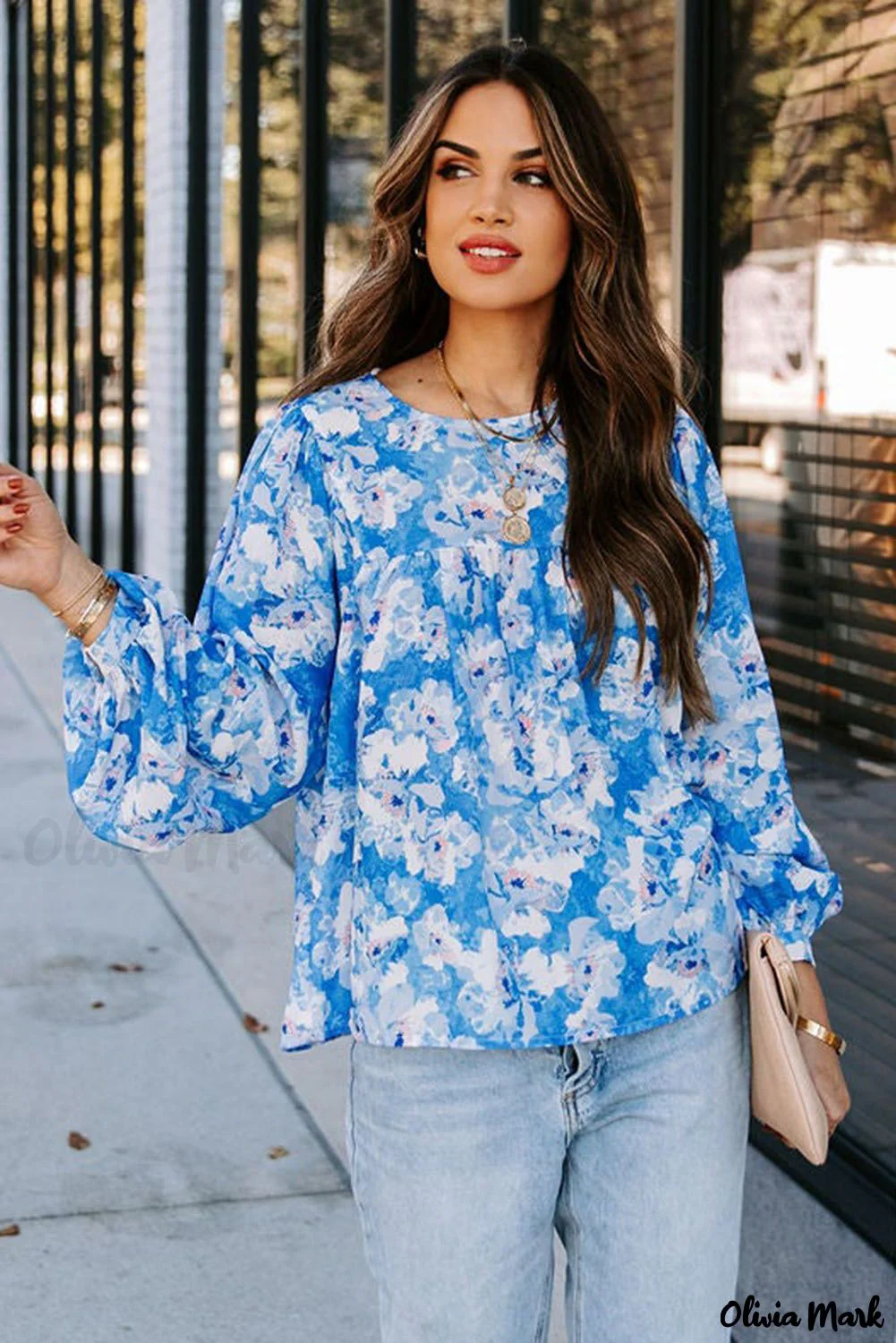 Deanwangkt - Baby Blue Floral Print Puff Sleeve Blouse - Deanwangkt