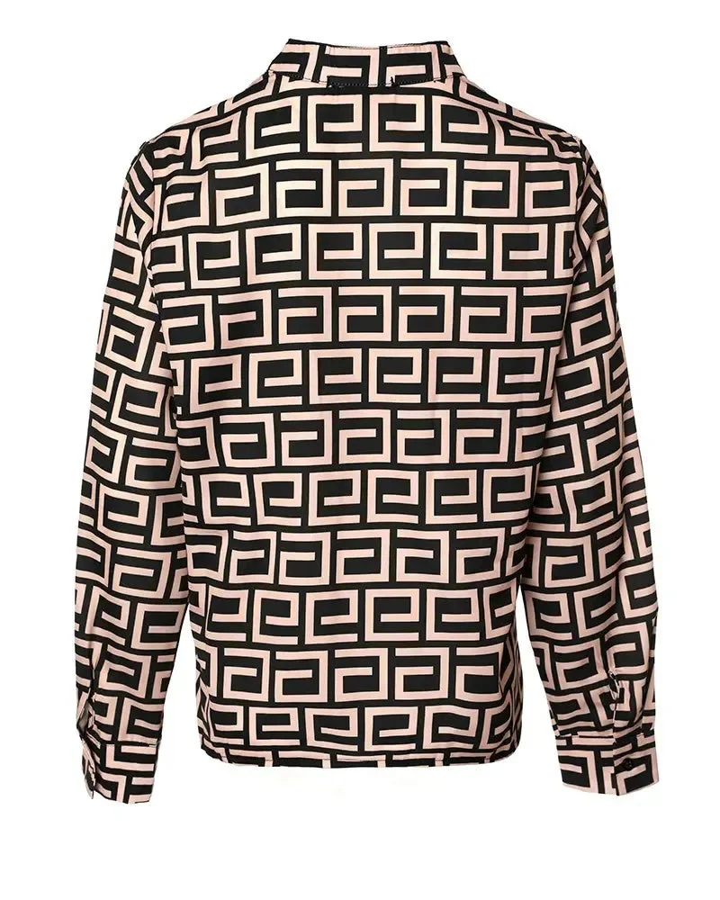 Deanwangkt - Relaxed Geometric Print V-Neck Long Sleeve Top - Deanwangkt