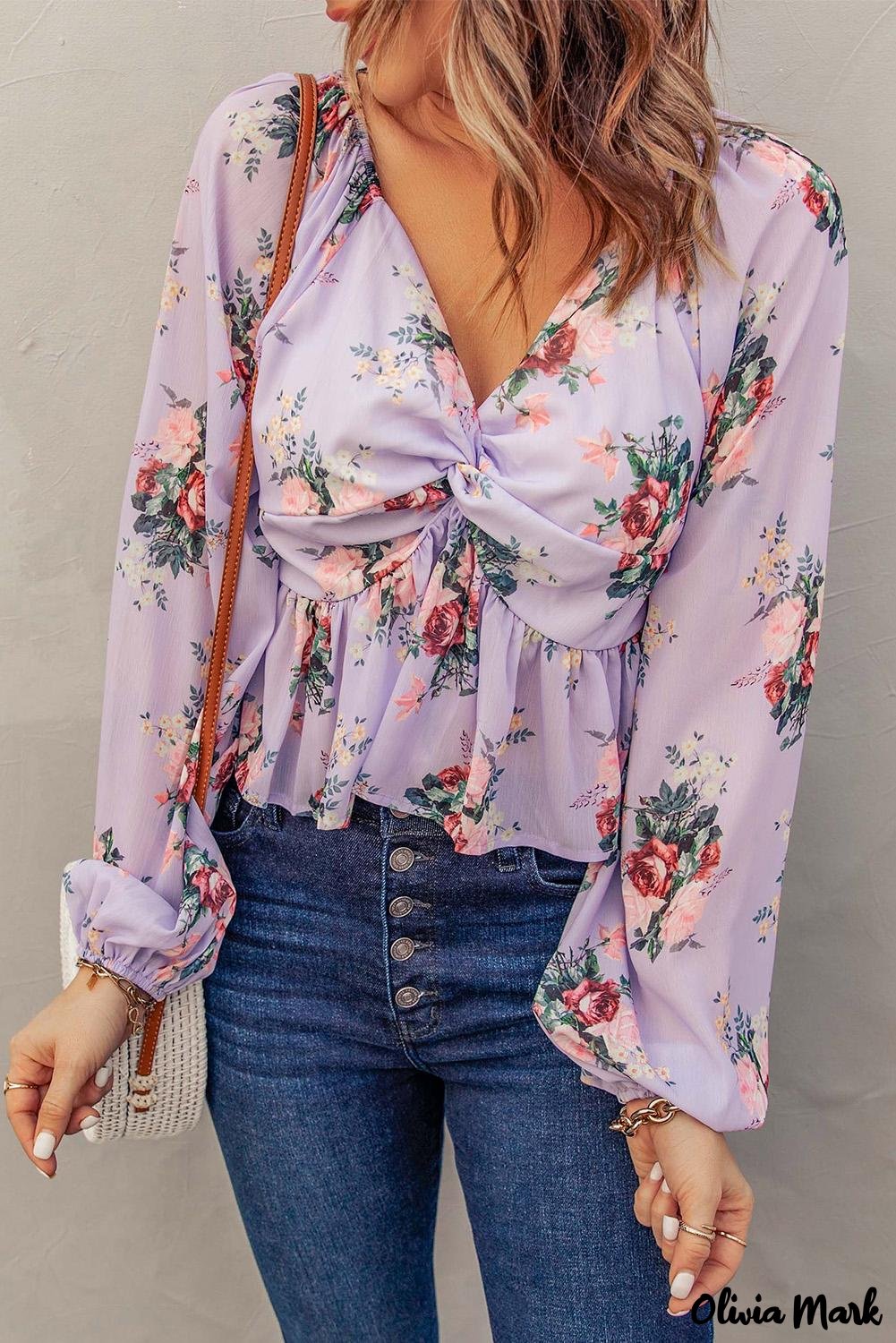 Deanwangkt - Beige Floral V-Neck Balloon Sleeve Twist Front Blouse - Deanwangkt