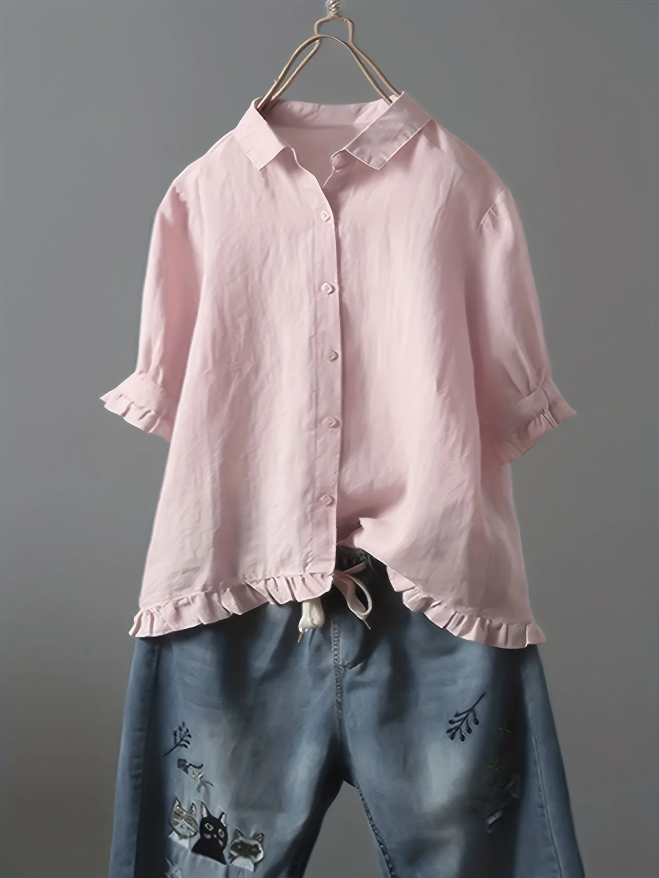 Solid Ruffle Trim 3/4 Sleeve T-Shirt, Casual All-Seasons Tops, Women's Clothing - Deanwangkt