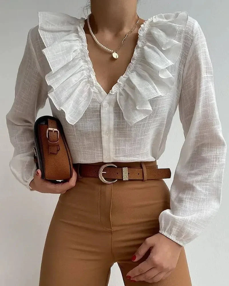 Deanwangkt - Long Sleeve Ruffle Button Down Casual Top - Deanwangkt