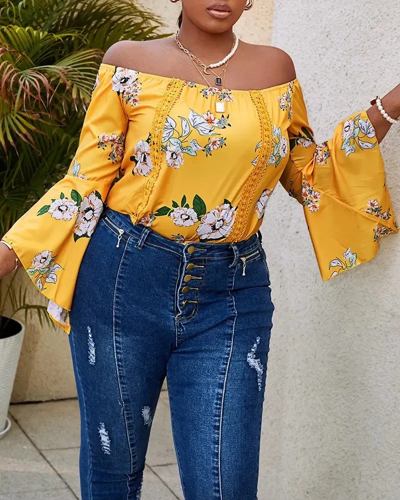 Deanwangkt - Off-the-Shoulder Floral Print Bell-Sleeve Top - Deanwangkt
