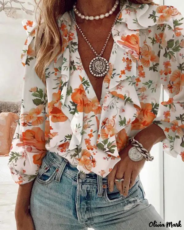 Deanwangkt - Floral Print Ruffle Trim Long Sleeve Top - Deanwangkt