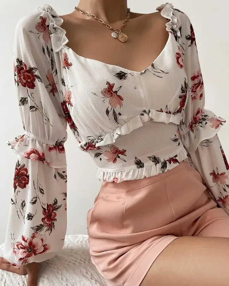Deanwangkt - Floral Print Ruffle Hem Long Sleeve Crop Top - Deanwangkt