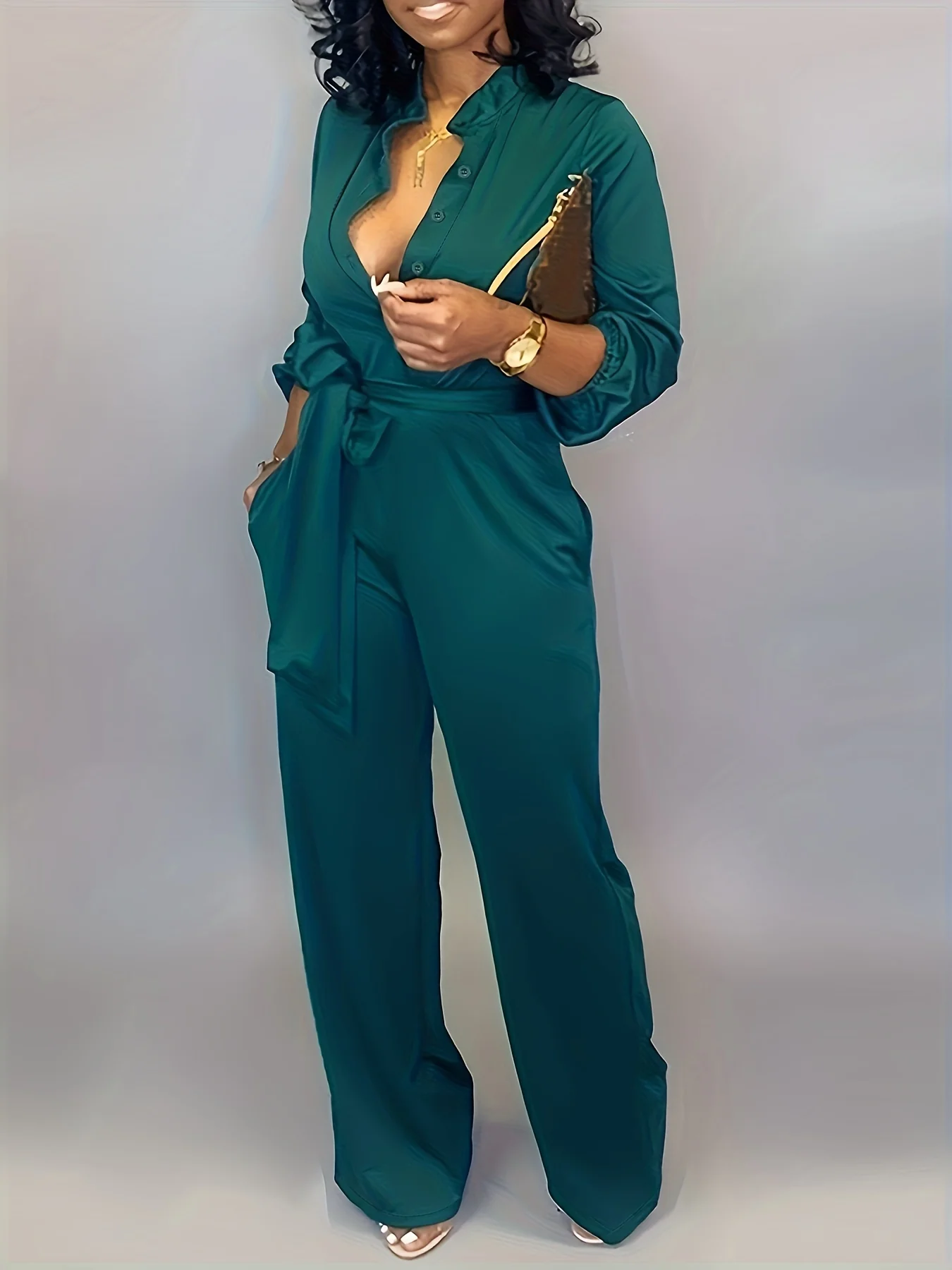 Solid Button Belted Jumpsuit, Casual Long Sleeve Jumpsuit For Spring & Fall, Women's Clothing - Deanwangkt