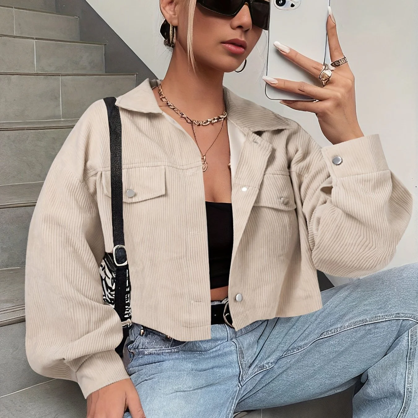 deanwangkt-1  Button Front Flap Pockets Crop Jacket, Casual Long Sleeve Jacket For Fall & Winter, Women's Clothing - Deanwangkt