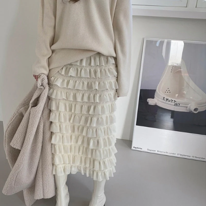 Christmas Gift Deanwangkt early spring cascading ruffles simple solid a-line skirt all-match basic spring outgoing skirt Deanwangkt new female skirt - Deanwangkt