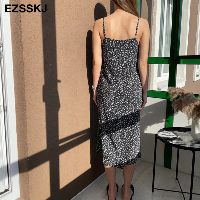 Christmas Gift A-line Spring summer  floral Deanwangkt Woman printed Stripe dress  Dress Casual Long Camisole dress Women Loose chiffon maix dress - Deanwangkt