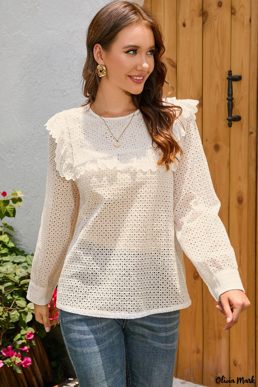 Deanwangkt - Round Neck Long Sleeve Ruffled Blouse with Hollowed Detail - Deanwangkt