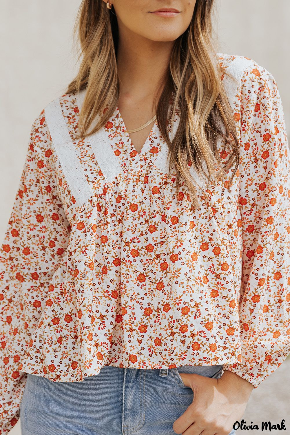 Deanwangkt - Red Floral Print Lace V-Neck Blouse - Deanwangkt