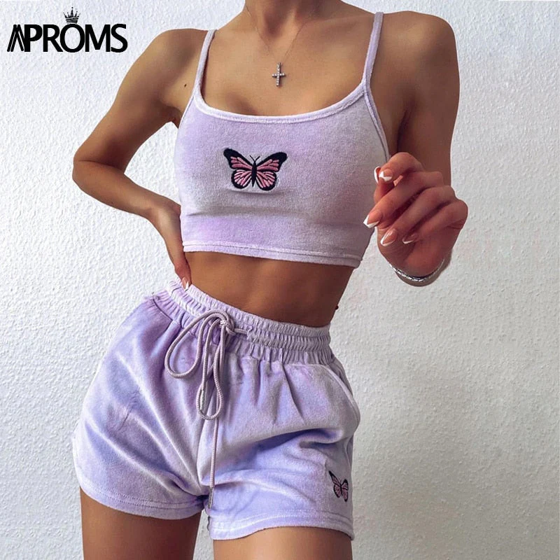 Christmas Gift Aproms Yellow Velvet Crop Top and Shorts Women 2 Pieces Set Summer Embroidery Cami Drawstring Shorts Female Loungewear Suit Deanwangkt - Deanwangkt