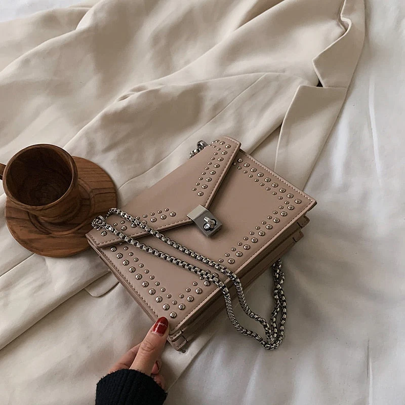 Back To College Deanwangkt Scrub Leather Brand Designer Shoulder Simple Bags For Women Chain Rivet Luxury Crossbody Bag Female Fashion Small Handbags - Deanwangkt