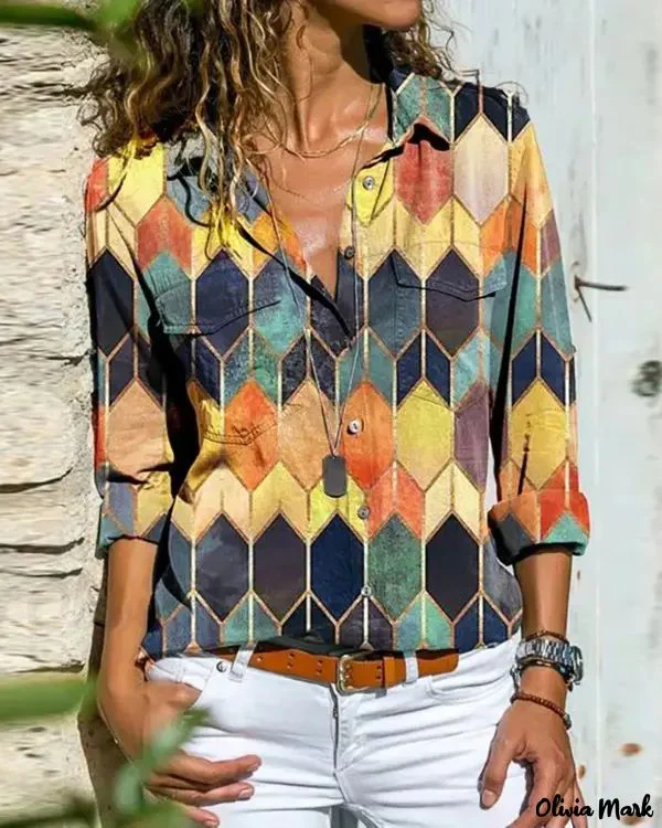 Deanwangkt - Color Block Geometric Print Long Sleeve Shirt - Deanwangkt