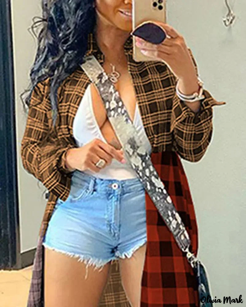 Deanwangkt - Long jacket in color block check print - Deanwangkt