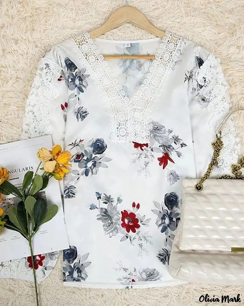 Deanwangkt - Floral Print V-Neck Lace Patch Top - Deanwangkt
