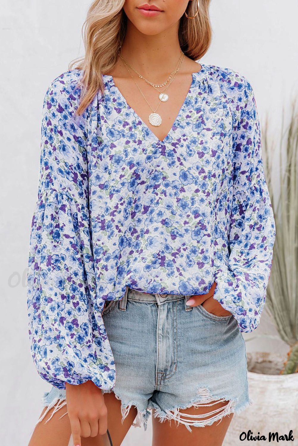 Deanwangkt - Blue Floral Split V-Neck Blouse - Deanwangkt