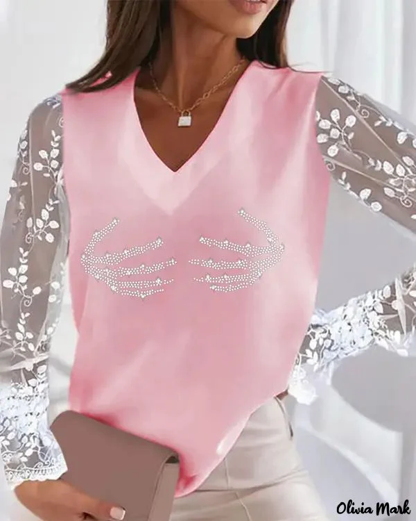 Deanwangkt - Halloween Rhinestone Contrast Lace Long Sleeve Top - Deanwangkt