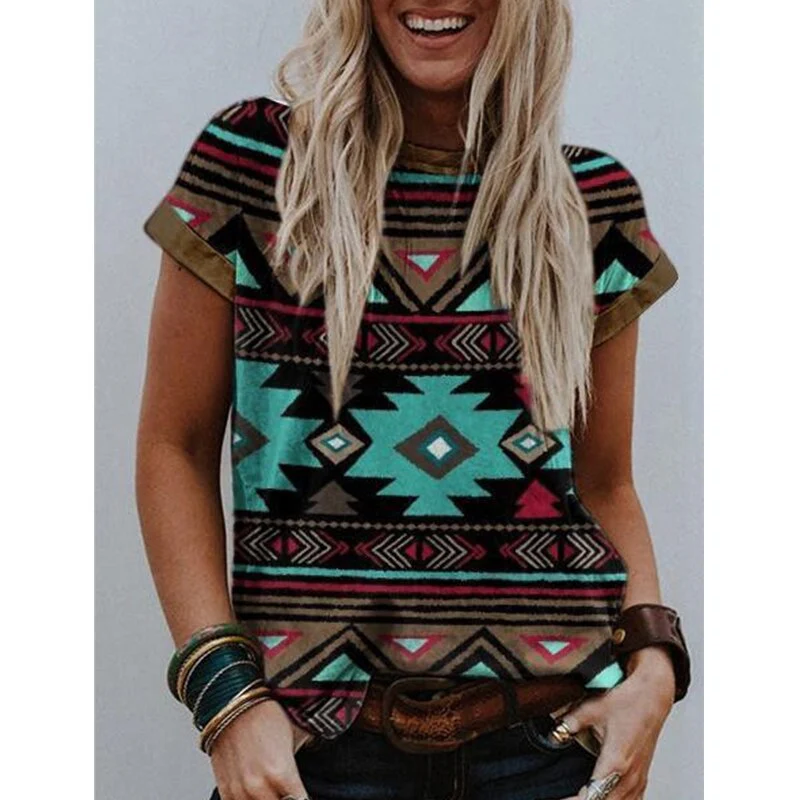 Christmas Gift Deanwangkt Summer Women New Urban Casual Round Neck Print Short Sleeve  T-shirt Ladies Retro Plus Size Loose Shirt Tops - Deanwangkt