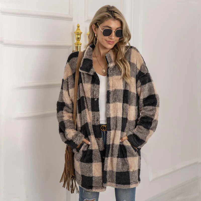 Christmas Gift Autumn Long Faux Fur Coat Women Plaid Jacket Winter Coat Women Long Sleeve Fluffy Teddy Jacket Ladies Warm Plush Jacket Female - Deanwangkt