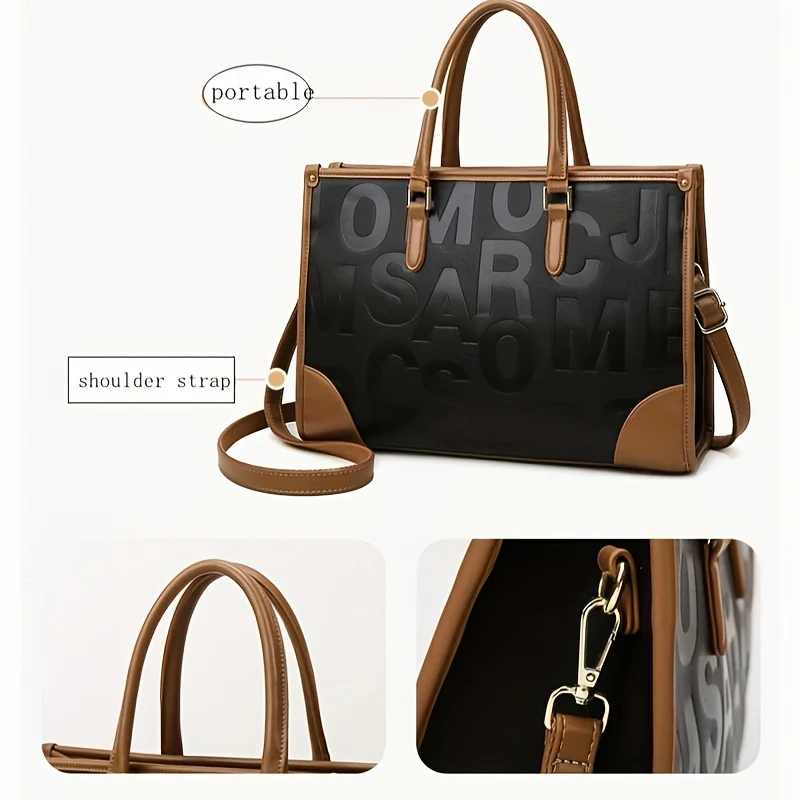 Elegant Letter Embossed Tote Bag, Classic Handbag For Women, All-Match Trendy Bag With Detachable Shoulder Strap - Deanwangkt