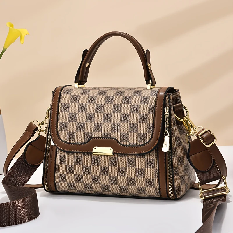 deanwangkt-1 Niche Retro Pattern Satchel Bag, Classic Checkerboard Pattern Shoulder Bag, All-Match Messenger Bag For Women - Deanwangkt