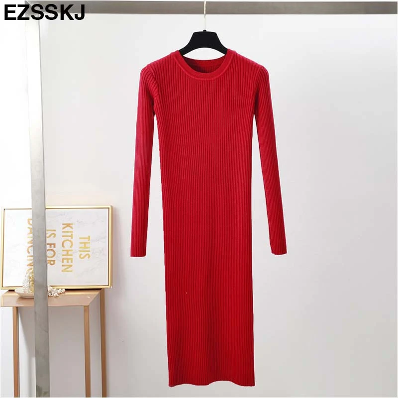 Christmas Gift Autumn Winter long Sweater dress women solid bodycon Thick dress Female Jumper O-neck slim basic knit dress Long sleeve - Deanwangkt