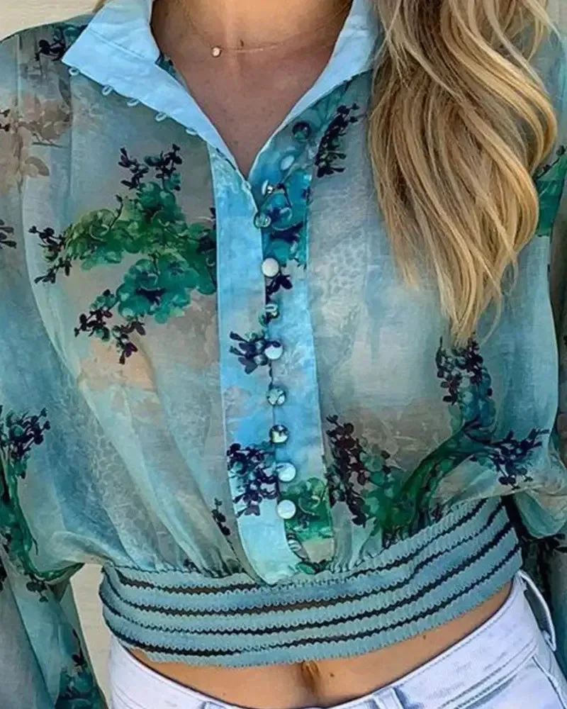 Deanwangkt - Sheer Mesh Floral Print Button Up Cropped Top - Deanwangkt