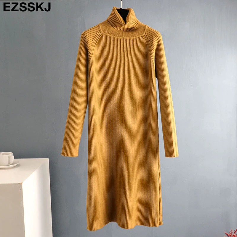 Christmas Gift Deanwangkt Autumn Winter long thick Sweater Dress Women turtleneck long Sleeve straight maix Dress female girl warm long dress - Deanwangkt