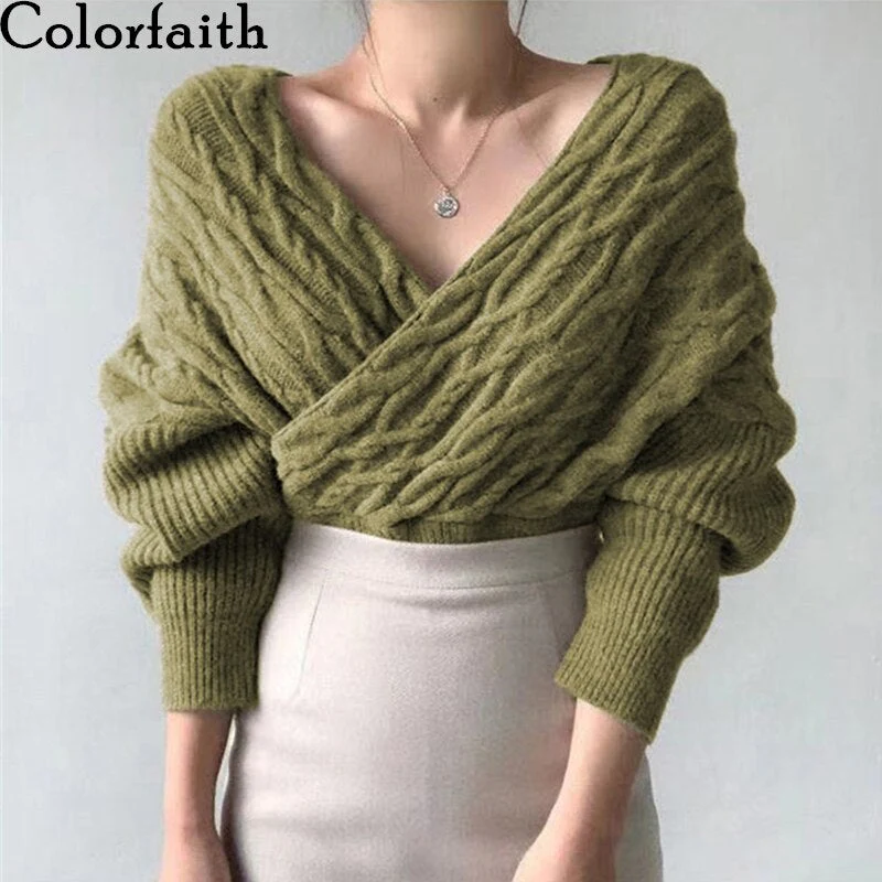 Christmas Gift  New Deanwangkt Winter Spring Women Sweaters Knitted V-Neck Cross Wild Korean Sexy Elegant Pullovers Ladies Jumpers SW1235JX - Deanwangkt