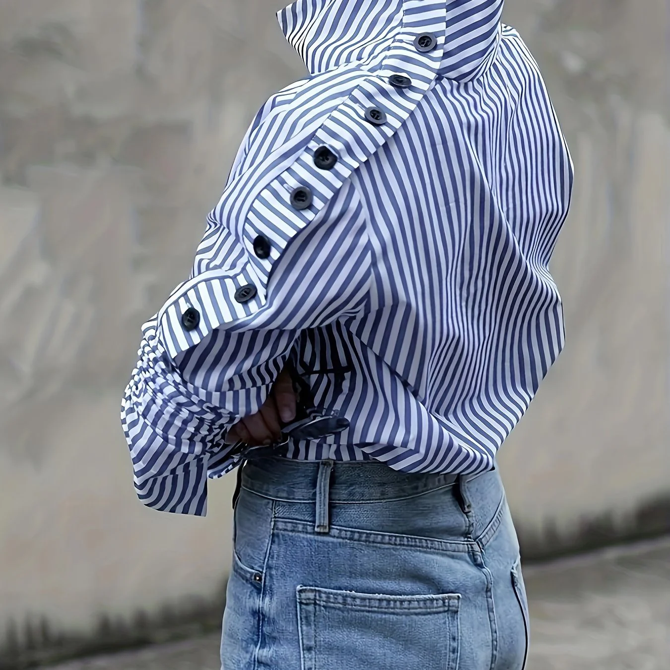 Striped Turtle Neck Button Decor Blouse, Elegant Long Sleeve Blouse, Women's Clothing - Deanwangkt