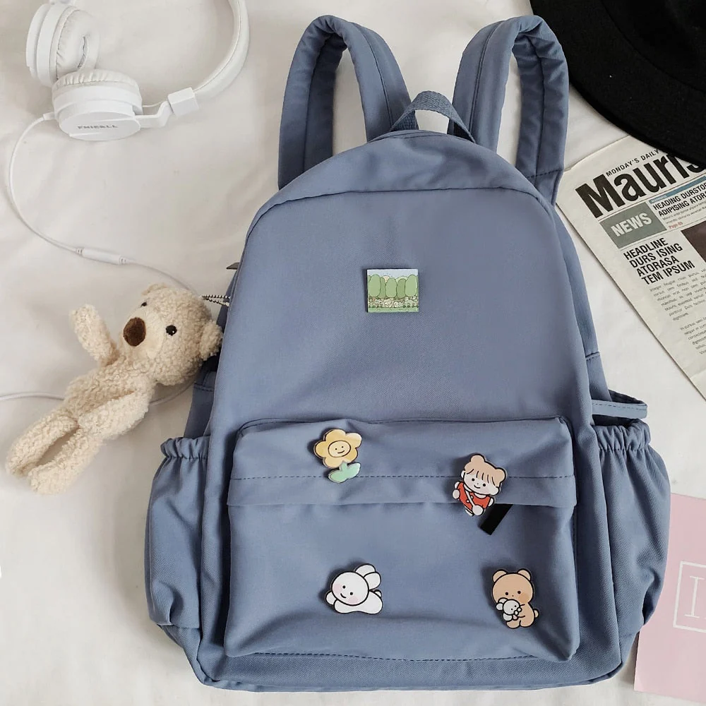 Women Nylon Cute Backpack Bear Female Student College School Bag Badge Girl Doll Backpack Kawaii Book Ladies Fashion Bags Trendy - Deanwangkt