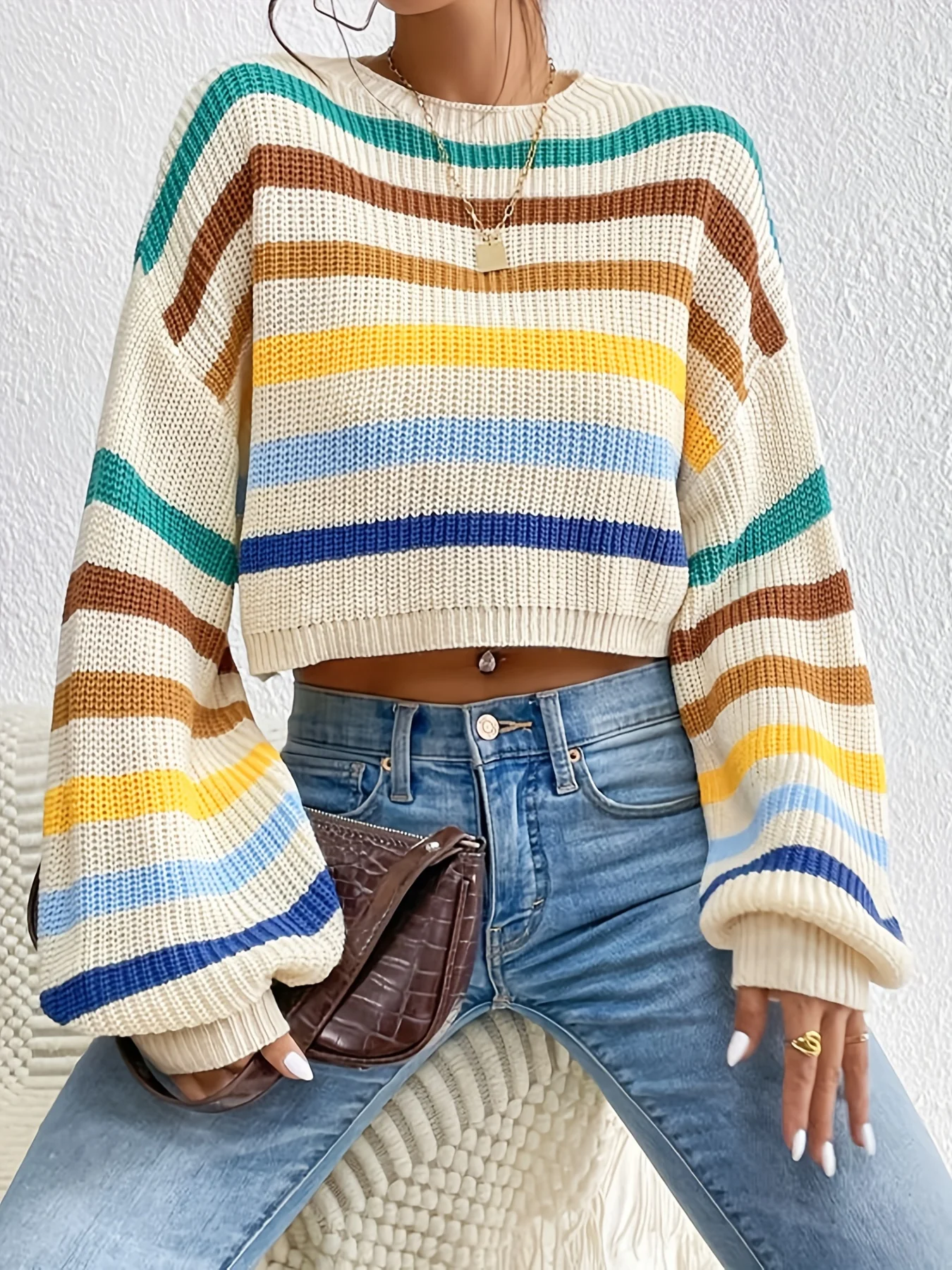 deanwangkt-1  Colorful Stripe Cropped Knit Sweater, Casual Crew Neck Bishop Long Sleeve Sweater, Women's Clothing - Deanwangkt