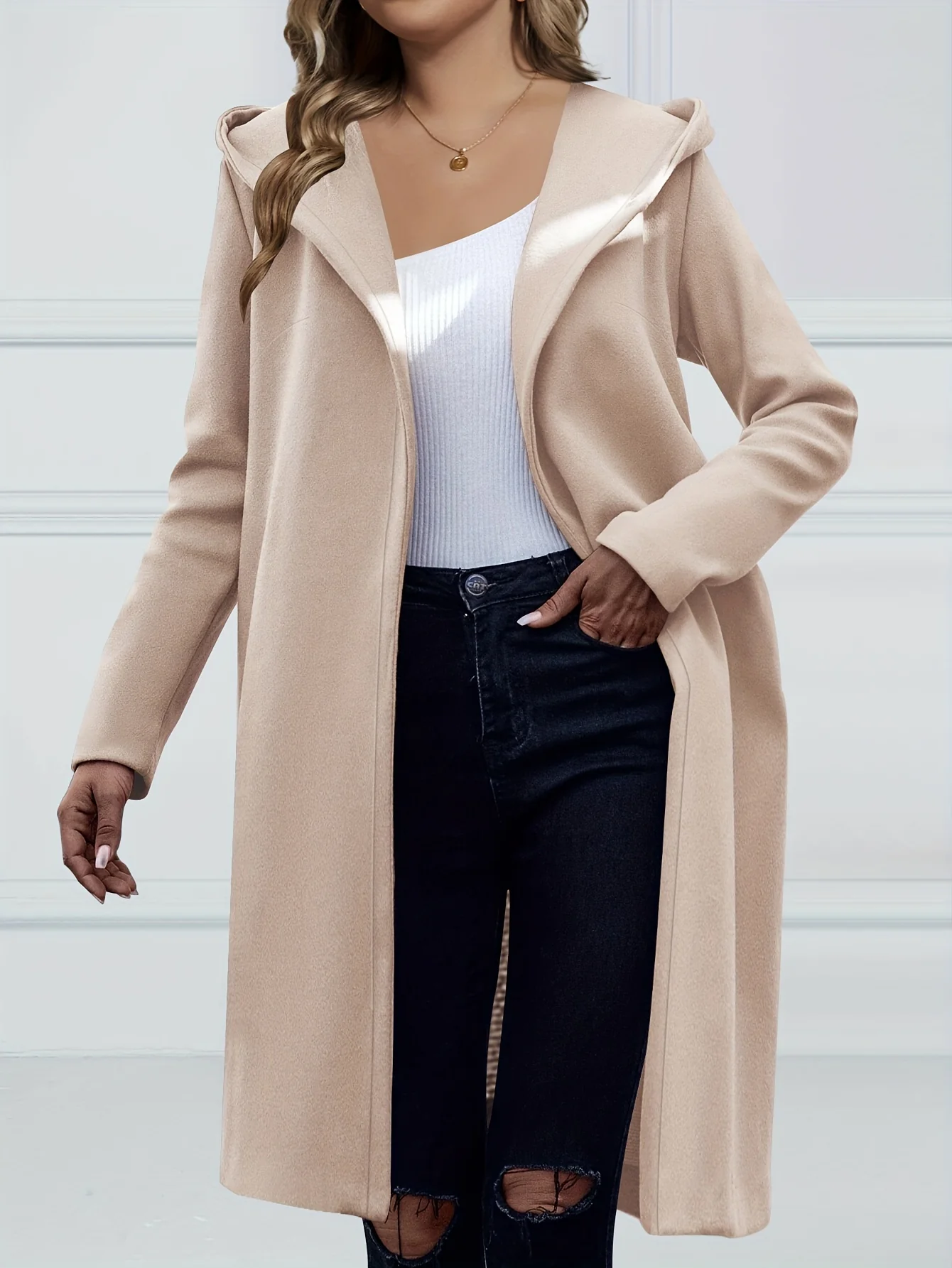 deanwangkt-1  Plus Size Elegant Coat, Women's Plus Solid Long Sleeve Open Front Hooded Belted Longline Woolen Coat With Pockets - Deanwangkt