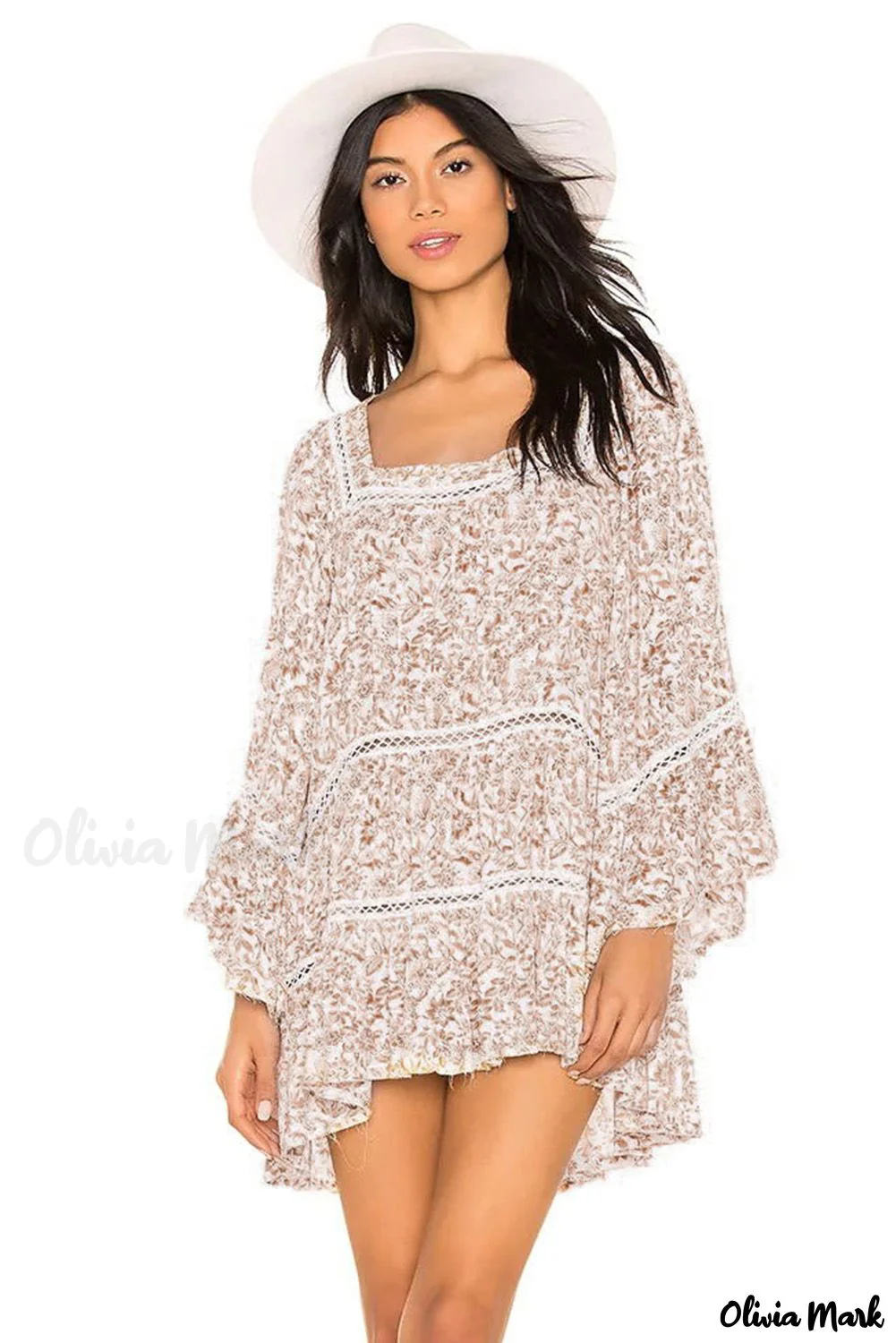 Deanwangkt - Loose beige tunic with flowers and hollowed out lace - Deanwangkt