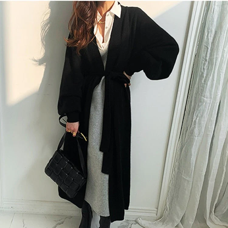 Christmas Gift  New Deanwangkt Women's Autumn Winter Sweaters Elegant Lady Cardigans Oversized Fashionable Lace Up Long Knitwears SWC3517 - Deanwangkt