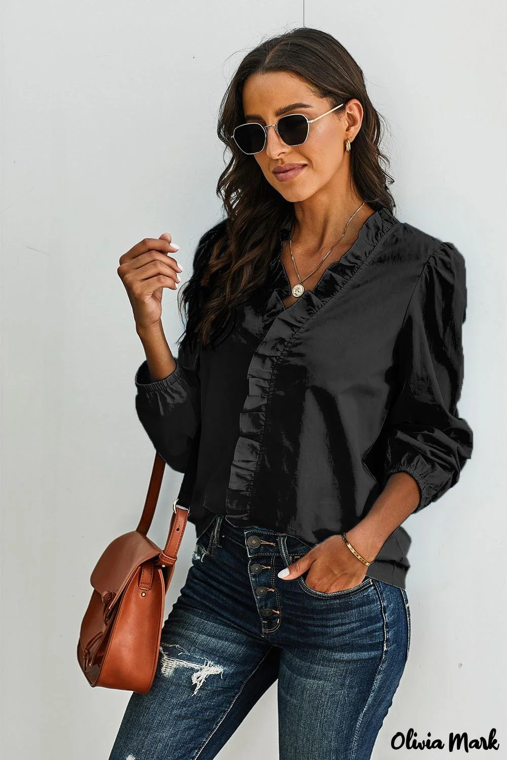 Deanwangkt - Wine Long Sleeve Ruffled Blouse - Deanwangkt