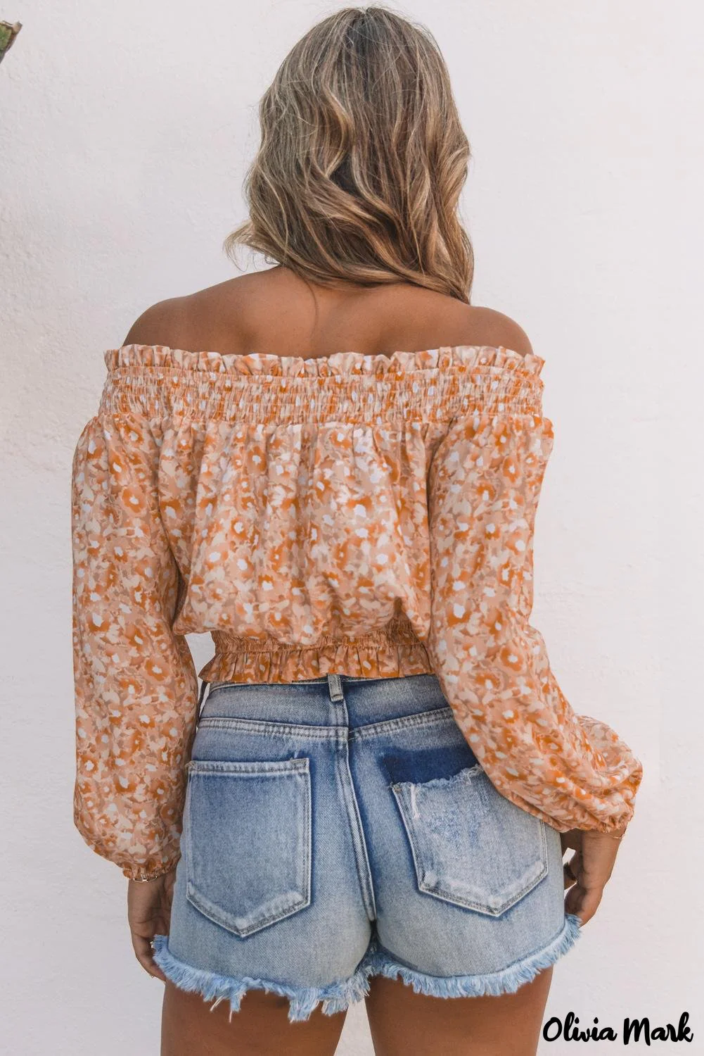 Deanwangkt - Orange Floral Ruched Ruffle Off Shoulder Top - Deanwangkt