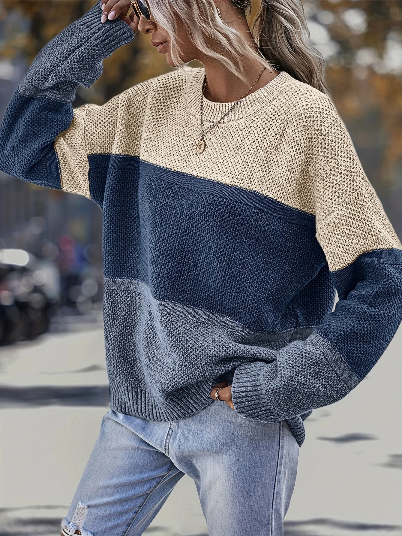 deanwangk Color Block Crew Neck Sweater, Casual Long Sleeve Sweater For Fall & Winter, Women's Clothing - Deanwangkt