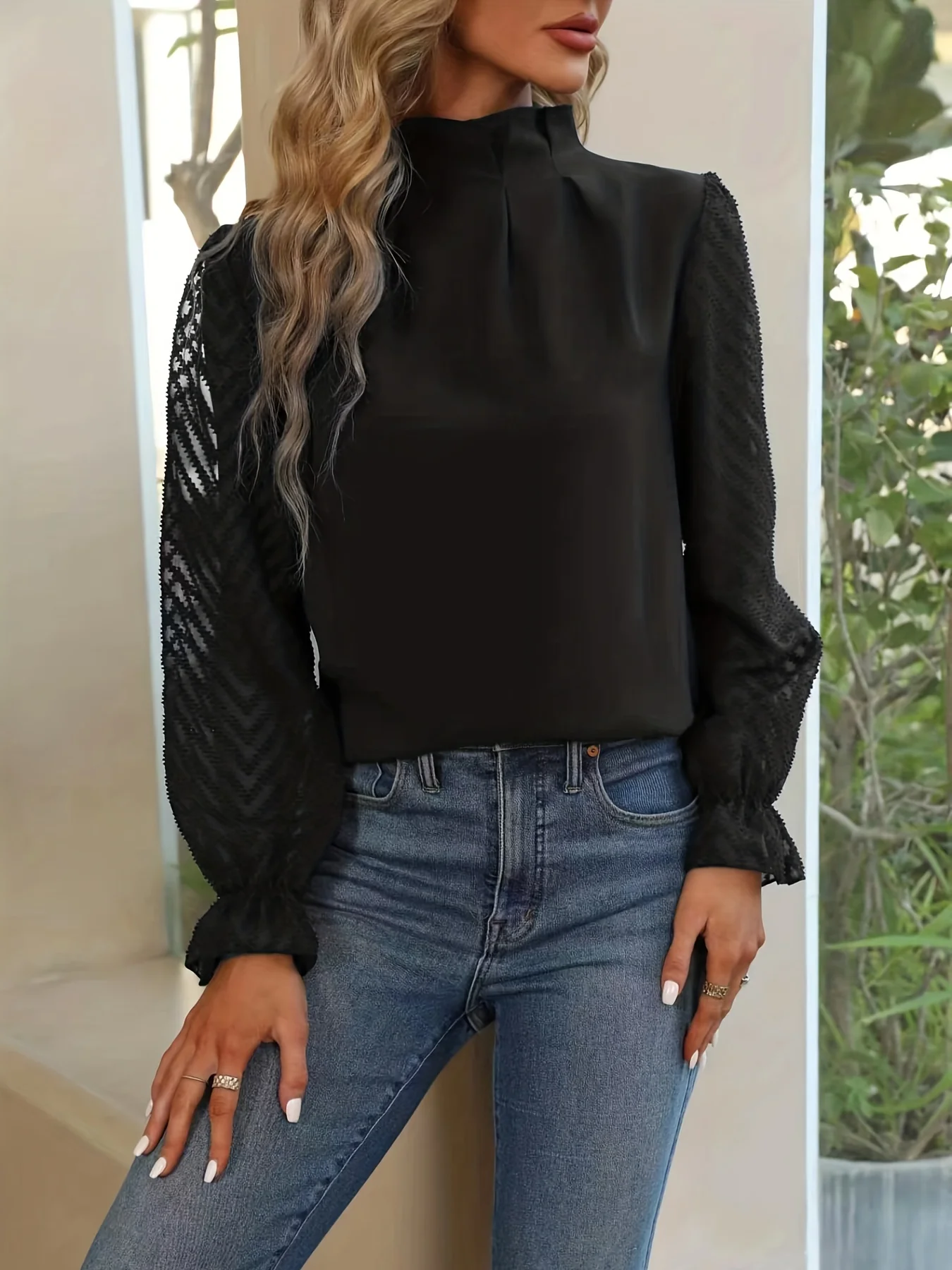 Ruched Keyhole Blouse, Elegant Solid Long Sleeve Versatile Blouse, Women's Clothing - Deanwangkt