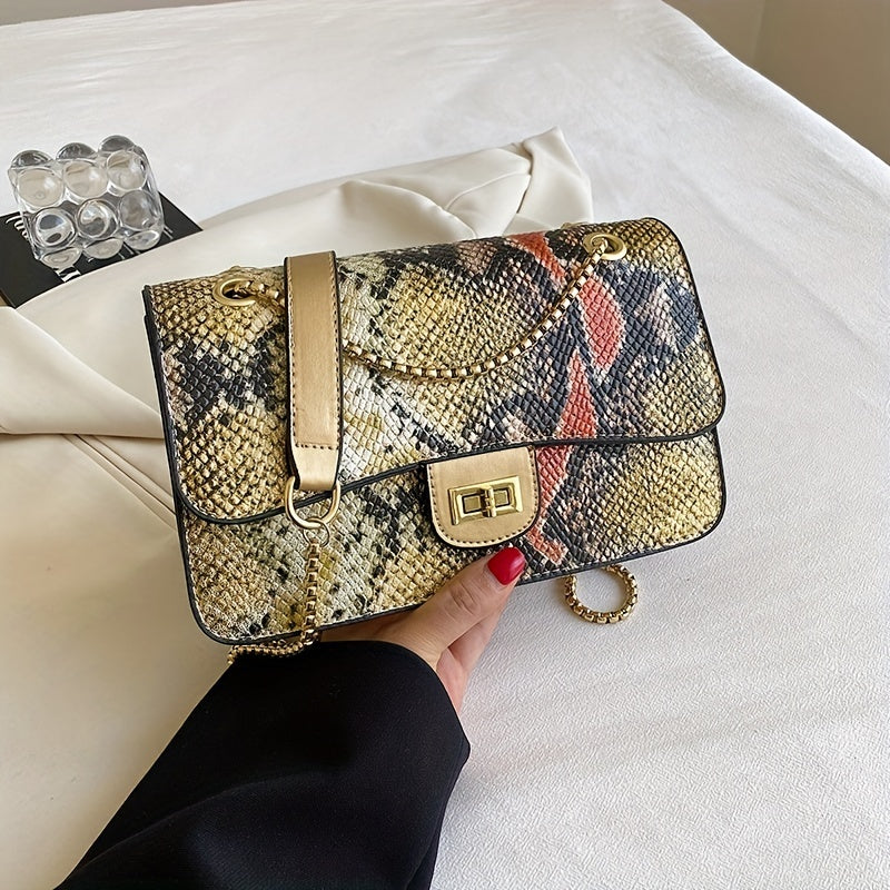 Luxury Snakeskin Pattern Shoulder Bag, Trendy Chain Crossbody Bag, Vintage Colorful Square Purse For Women - Deanwangkt