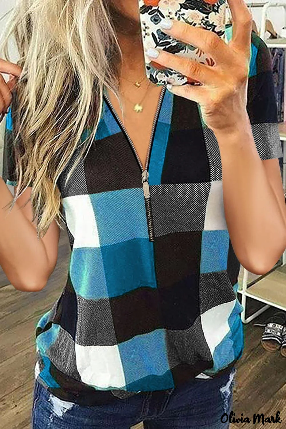 Deanwangkt - Blue Checked Zip V-Neck Short Sleeve Blouse - Deanwangkt