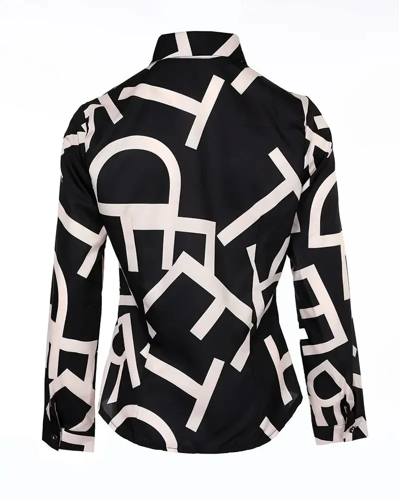 Deanwangkt - Letter Print Button Up Long Sleeve Top - Deanwangkt
