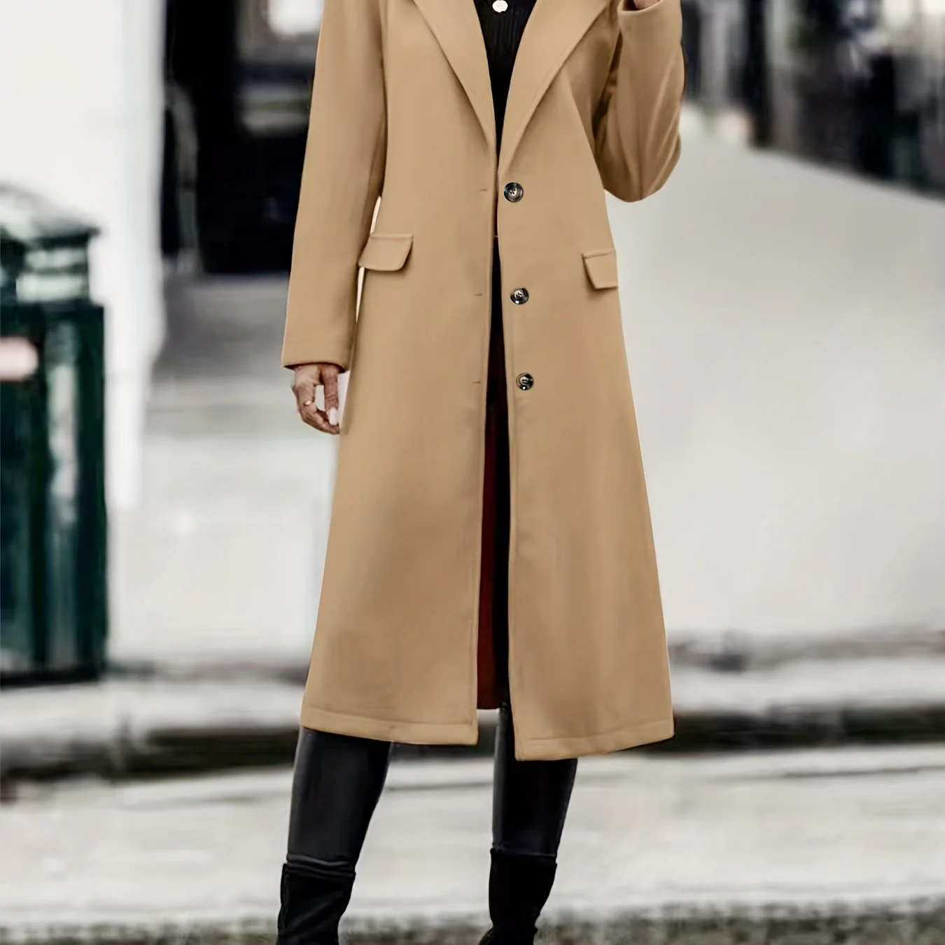 deanwangkt-1  Solid Button Front Pea Coat, Elegant Long Sleeve Lapel Coat, Women's Clothing - Deanwangkt