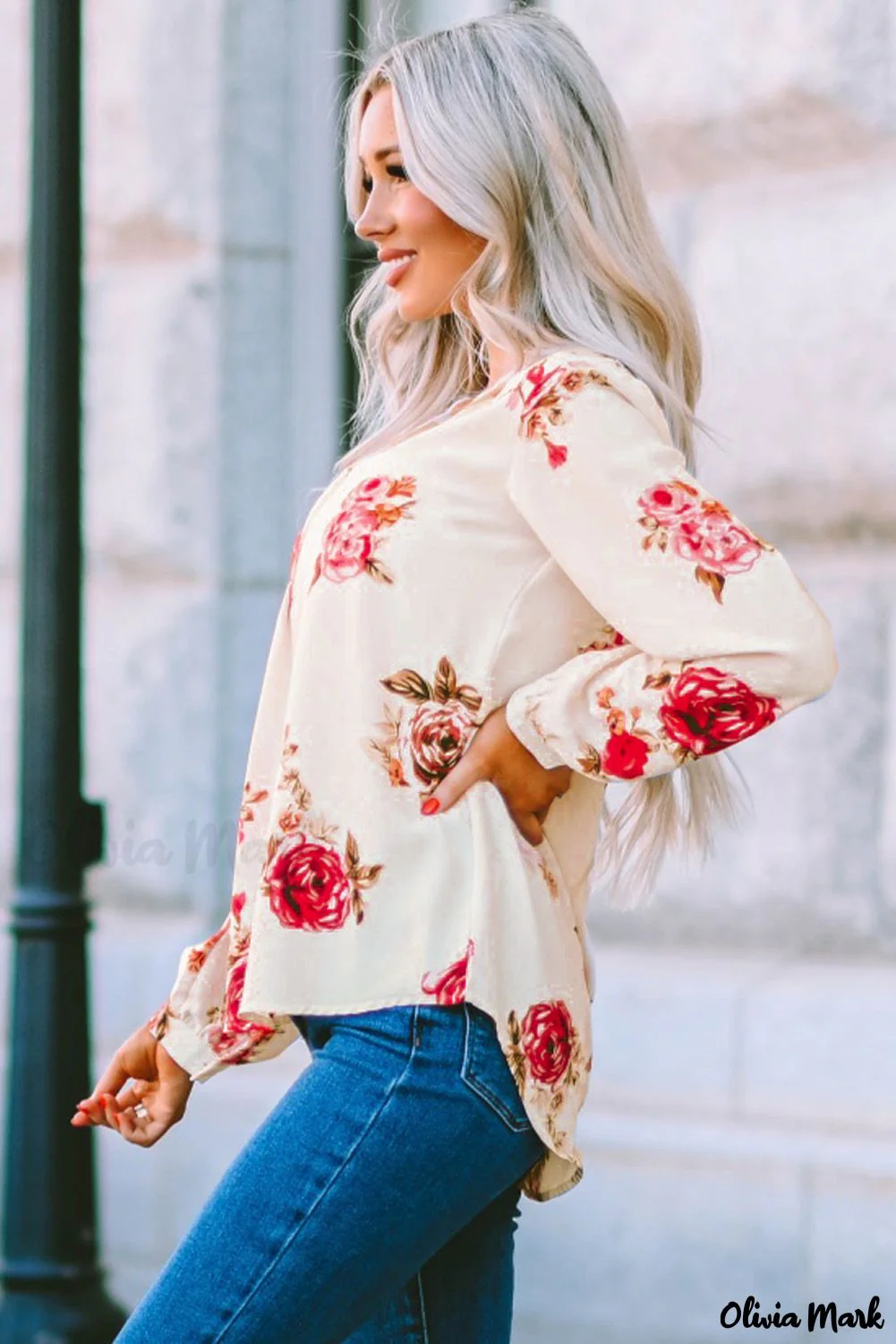 Deanwangkt - Beige Floral Print V-Neck Button Down Blouse - Deanwangkt