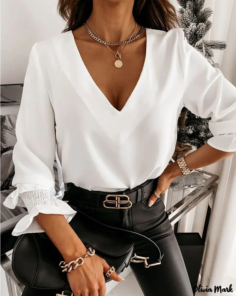 Deanwangkt - Long sleeve V-back top with criss-cross bead decor - Deanwangkt