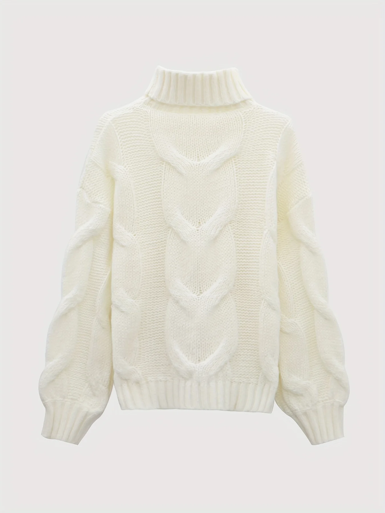 Twist Pattern Turtle Neck Pullover Sweater, Casual Lantern Sleeve Loose Sweater For Fall & Winter, Women's Clothing - Deanwangkt