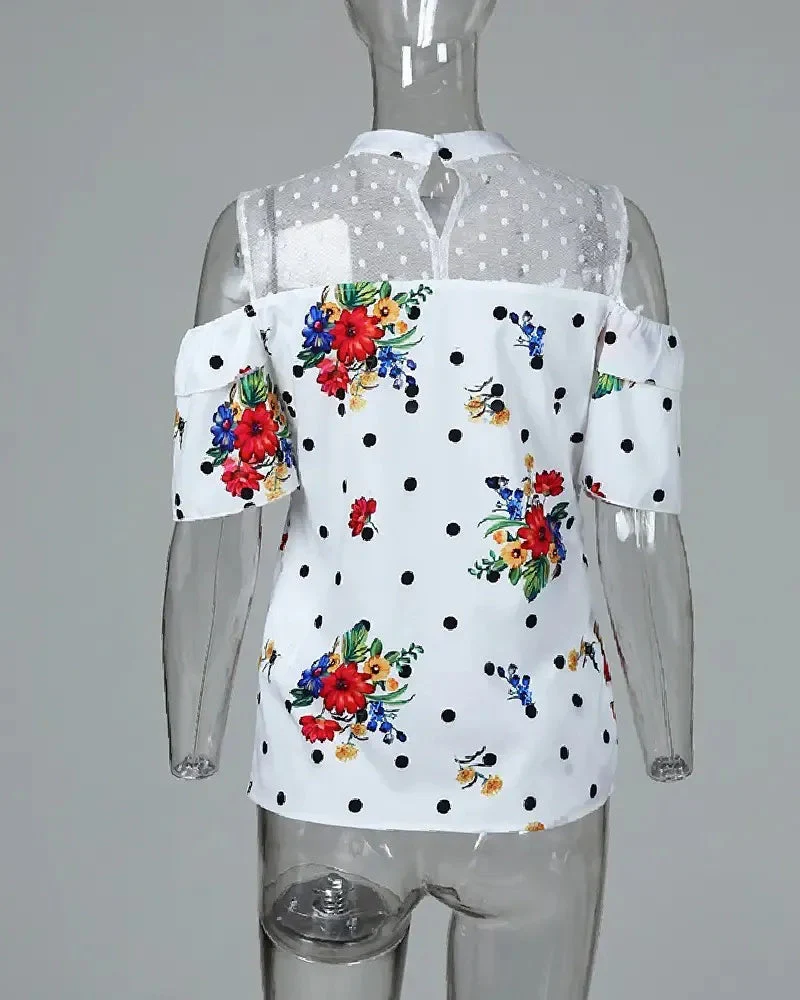 Deanwangkt - Off-the-Shoulder Mesh Panel Printed Blouse - Deanwangkt