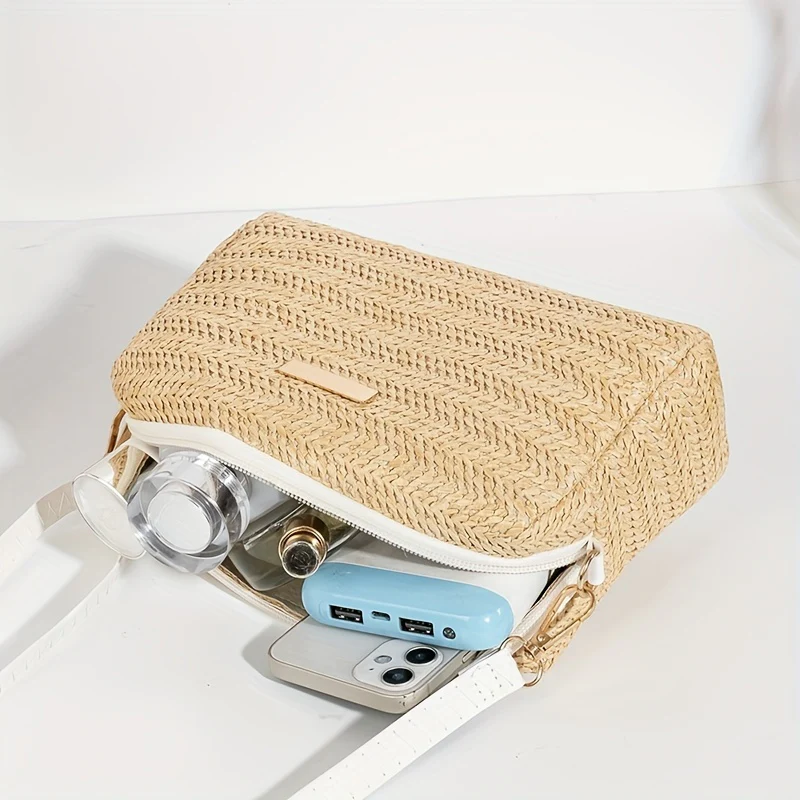 Woven Elegant Crossbody Bag, Zipper Holiday Vacation Beach Bag With Adjustable Strap - Deanwangkt