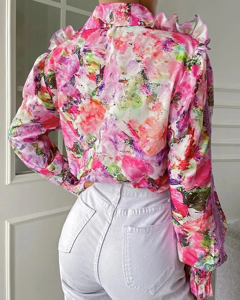Deanwangkt - Contrast lace floral print top with lantern sleeves and ruffled hem - Deanwangkt
